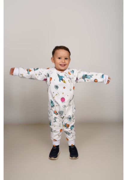 Voguevista Elyafsız Kışlık Uzun Kollu Çift Kat %100 Pamuk Pazen Uzaylı ve Gökkuşağı Desenli Cocuk Bebek Uyku Tulumu