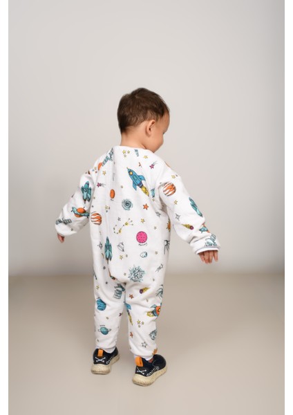 Voguevista Elyafsız Kışlık Uzun Kollu Çift Kat %100 Pamuk Pazen Uzaylı ve Gökkuşağı Desenli Cocuk Bebek Uyku Tulumu