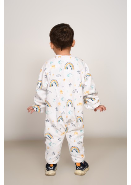Voguevista Elyafsız Kışlık Uzun Kollu Çift Kat %100 Pamuk Pazen Uzaylı ve Gökkuşağı Desenli Cocuk Bebek Uyku Tulumu