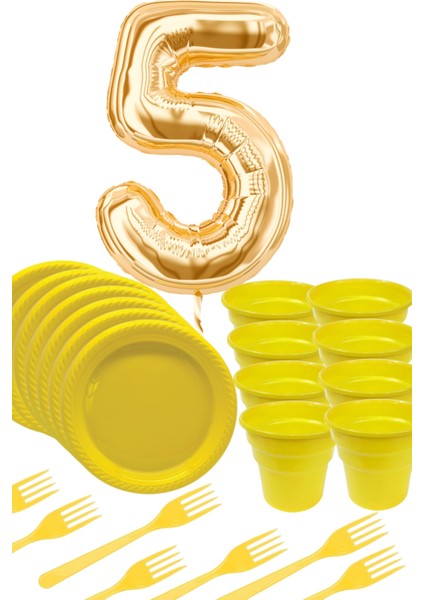 Sarı Tabak - Sarı Bardak - Sarı Çatal Gold Folyo Balon Rakam 5 Yaş