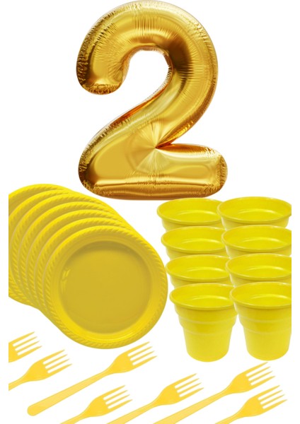Sarı Tabak - Sarı Bardak - Sarı Çatal Gold Folyo Balon Rakam 2 Yaş