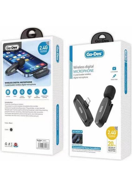 Kablosuz Dijital Yaka Mikrofonu Seti Go Des GD-WS301L
