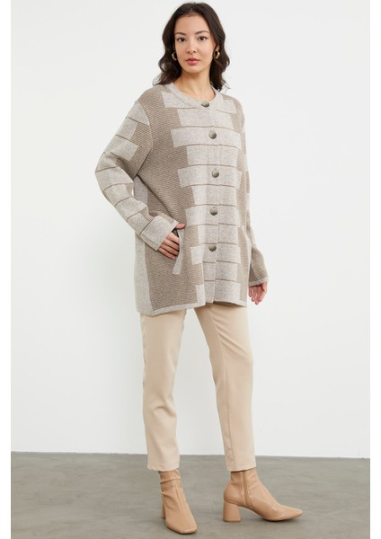Kalın Yünlü Blok Desen Triko Ceket - Vizon fiyatları