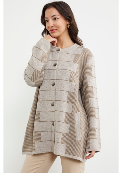 Kalın Yünlü Blok Desen Triko Ceket - Vizon fırsatları