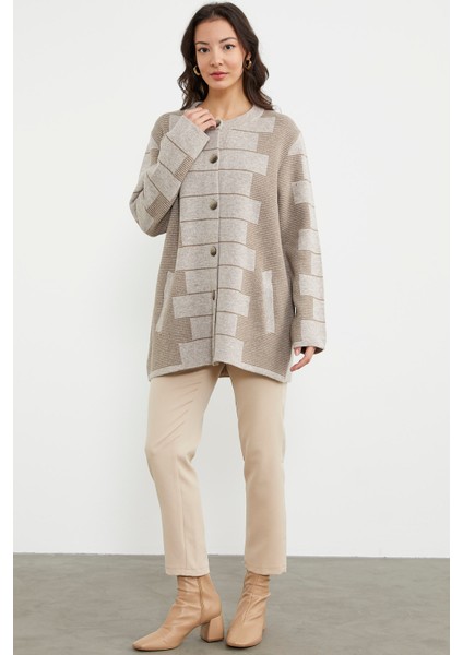 Kalın Yünlü Blok Desen Triko Ceket - Vizon indirimleri