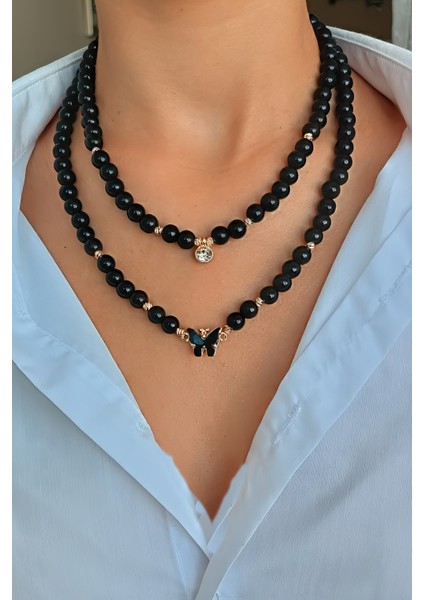 Özel tasarım Oniks taşı kolye Çoklu kombin kolye Siyah choker kolye
