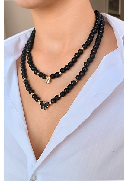 Özel tasarım Oniks taşı kolye Çoklu kombin kolye Siyah choker kolye