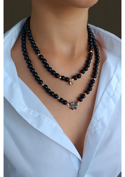 Özel tasarım Oniks taşı kolye Çoklu kombin kolye Siyah choker kolye