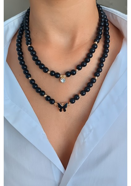 Özel tasarım Oniks taşı kolye Çoklu kombin kolye Siyah choker kolye