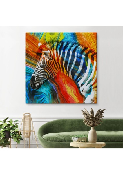 Renkli Zebra Yağlıboya Görünüm Dekoratif Kanvas Duvar Tablosu-5843