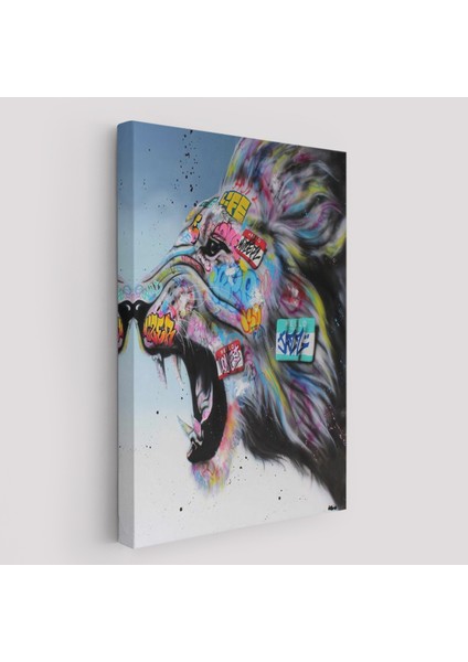 Renkli Kükreyen Aslan Kanvas Tablo, Pop Art, Sokak Sanatı-5316