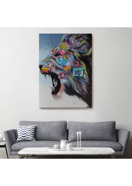 Renkli Kükreyen Aslan Kanvas Tablo, Pop Art, Sokak Sanatı-5316