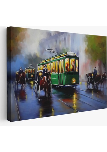 Eski Tramvay Retro Yağlıboya Görünüm Dekoratif Kanvas Duvar Tablosu-3574