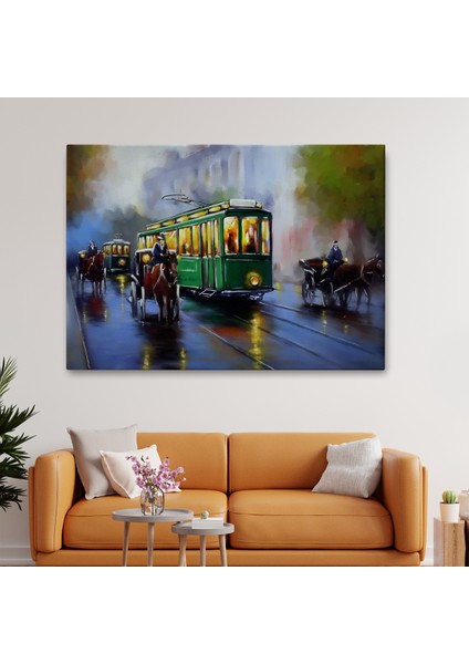 Eski Tramvay Retro Yağlıboya Görünüm Dekoratif Kanvas Duvar Tablosu-3574