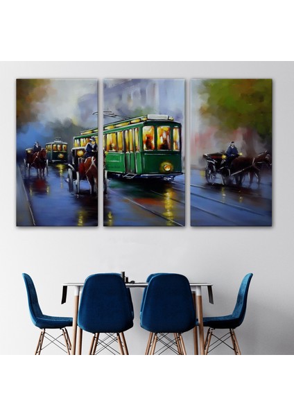 Eski Tramvay Retro Yağlıboya Görünüm Dekoratif Kanvas Duvar Tablosu-3574