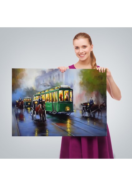 Eski Tramvay Retro Yağlıboya Görünüm Dekoratif Kanvas Duvar Tablosu-3574
