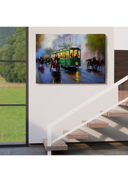 Eski Tramvay Retro Yağlıboya Görünüm Dekoratif Kanvas Duvar Tablosu-3574