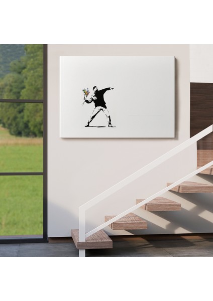 Bansky'nin Çiçek Atan Adam Eseri Kanvas Tablo-5111