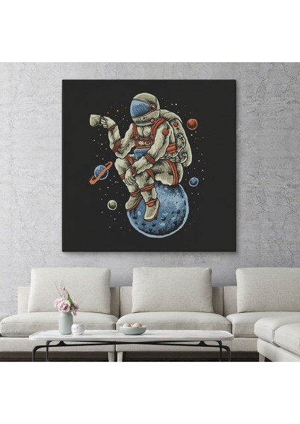 Dünya Üzerinde Dinlenip Kahve Içen Astronot Kanvas Tablo-5098