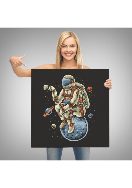 Dünya Üzerinde Dinlenip Kahve Içen Astronot Kanvas Tablo-5098