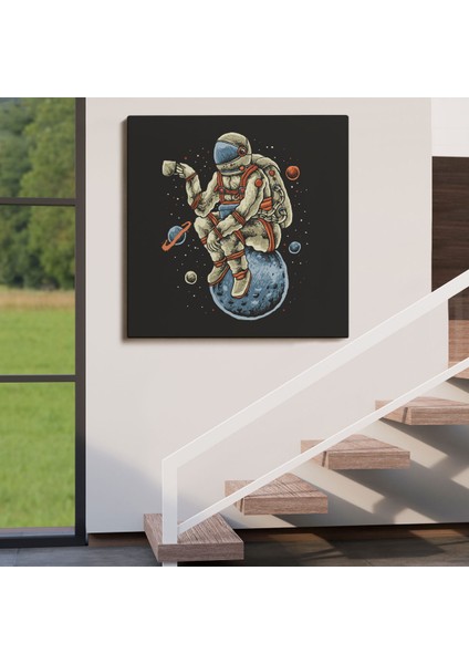 Dünya Üzerinde Dinlenip Kahve Içen Astronot Kanvas Tablo-5098