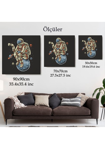 Dünya Üzerinde Dinlenip Kahve Içen Astronot Kanvas Tablo-5098
