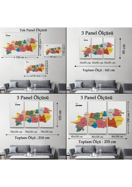 Aydın Ili ve Ilçeleri Haritası Dekoratif Kanvas Tablo 1277