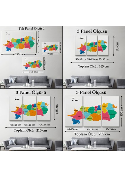 Aydın Ili ve Ilçeleri Haritası Dekoratif Kanvas Tablo 1276