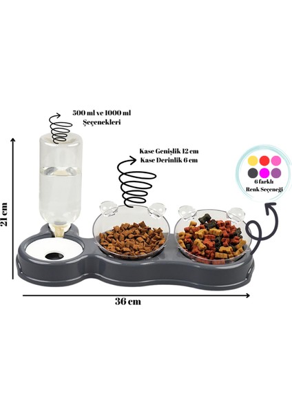 Çift Hazneli- 3' Lü Beslenme Mama ve Su Kabı Gri 500ML 36*21*16 cm