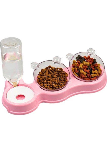 Çift Hazneli- 3' Lü Beslenme Mama ve Su Kabı Pembe 500ml  36*21*16 cm