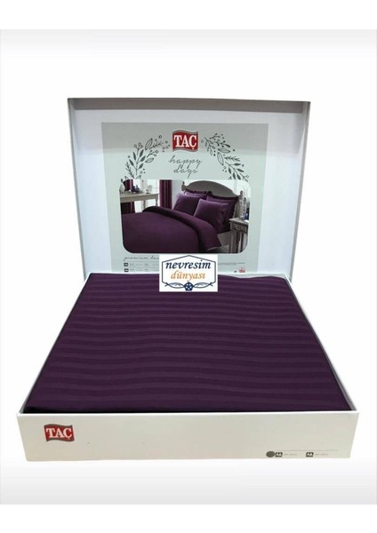 Çift Kişilik Premium Basic Stripe Saten Nevresim Takımı (Mürdüm)