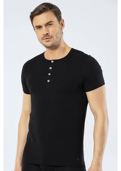 Erkek Bisiklet Yaka Düğmeli T-shirt Siyah