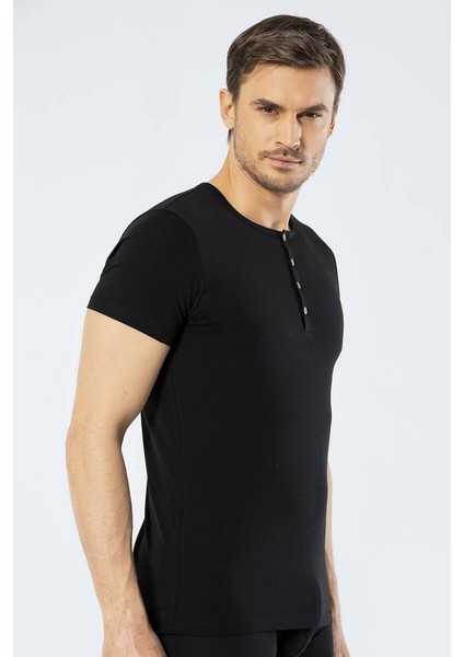 Erkek Bisiklet Yaka Düğmeli T-shirt Siyah modelleri