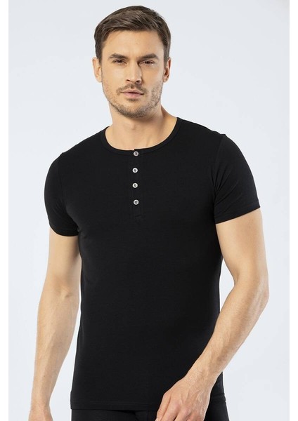 Erkek Bisiklet Yaka Düğmeli T-shirt Siyah indirimleri