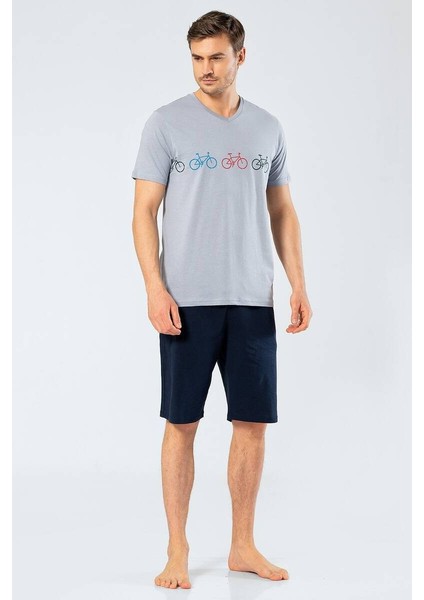 Erkek Baskılı V Yaka Bermuda Şort Pijama Takım