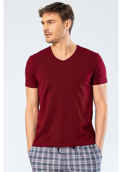 Erkek V Yaka Likralı T-shirt Bordo