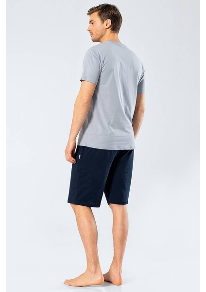 Erkek V Yaka Bermuda Şort Yazılı Gri Pijama Takım