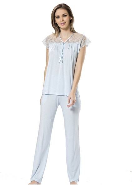 3197 Dantelli Pijama Takımı - Mavi