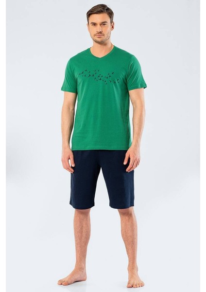 Erkek Baskılı V Yaka Bermuda Şort Pijama Takım
