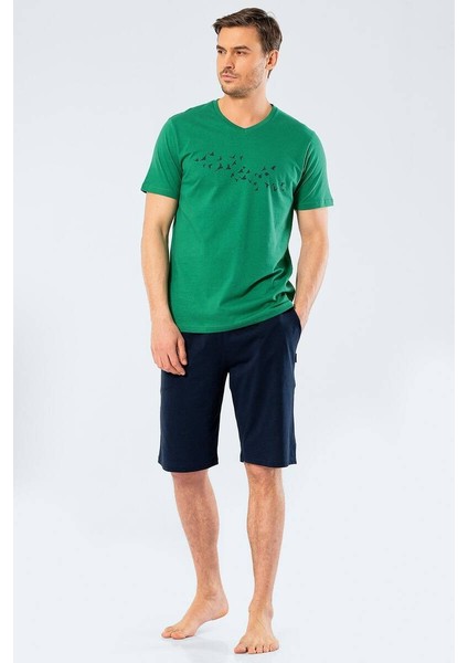 Erkek Baskılı V Yaka Bermuda Şort Pijama Takım