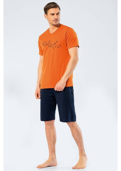 Erkek Baskılı V Yaka Bermuda Şort Pijama Takım