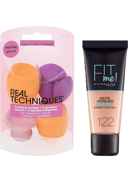 RT-1570 Miracle Ten Makyaj Süngeri 6lı ve Maybelline New York Mat Fondöten Fit Me Matte Poreless Foundation No: 122 2li Set