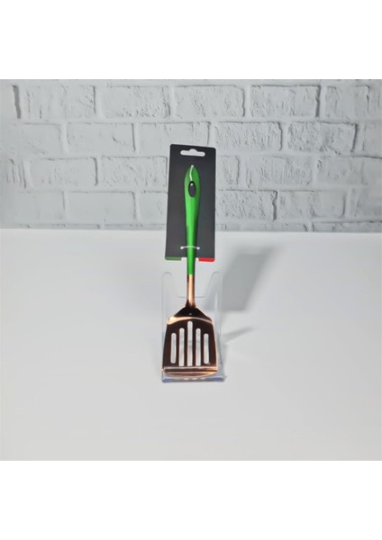 Çelik Paslanmaz Mutfak Spatulası Delikli Spatula Yeşil