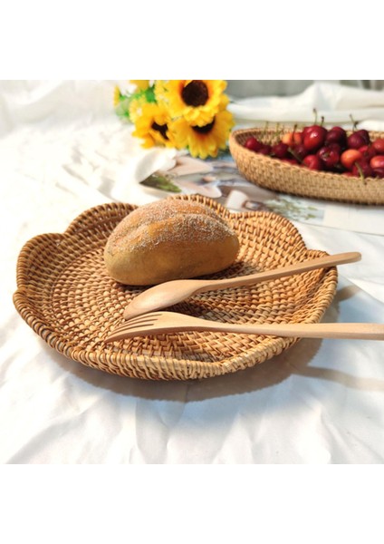 Rattan Yuvarlak Servis Tepsisi Meyve Sepeti Konteyner Gıda Organizatör Ekran Hasır 23CMX4CM (Yurt Dışından)