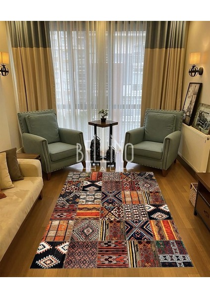 Yıkanabilir Halı Kaymaz Taban Bambu Halı Etnik Renkli Patchwork Desenli Salon Halısı Mutfak Halısı ve Yolluk