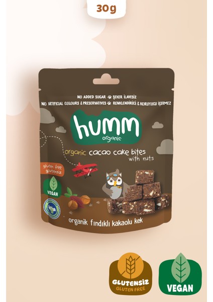 Humm Organic - Organik Glutensiz Vegan Kakaolu ve Fındıklı Kek - 30g