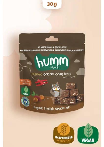 Humm Organic - Organik Glutensiz Vegan Kakaolu ve Fındıklı Kek - 30g