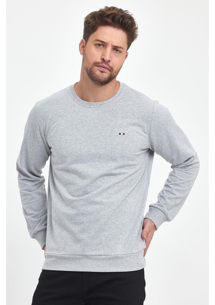 Erkek Gri Bisiklet Yaka Nakış Detaylı Regular Fit Sweatshirt