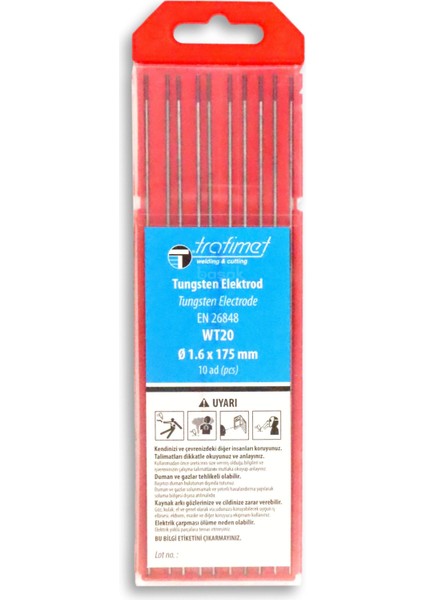 1,6 mm Wt-20 Kırmızı Tungsten Elektrot 175 mm Trafimet 1 adet fiyatıdır
