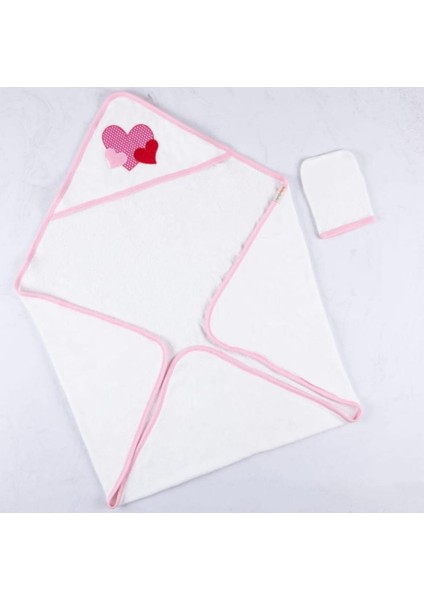 Başlıklı Kundak Havlu ve Kesesi Pembe Kalp 85x85